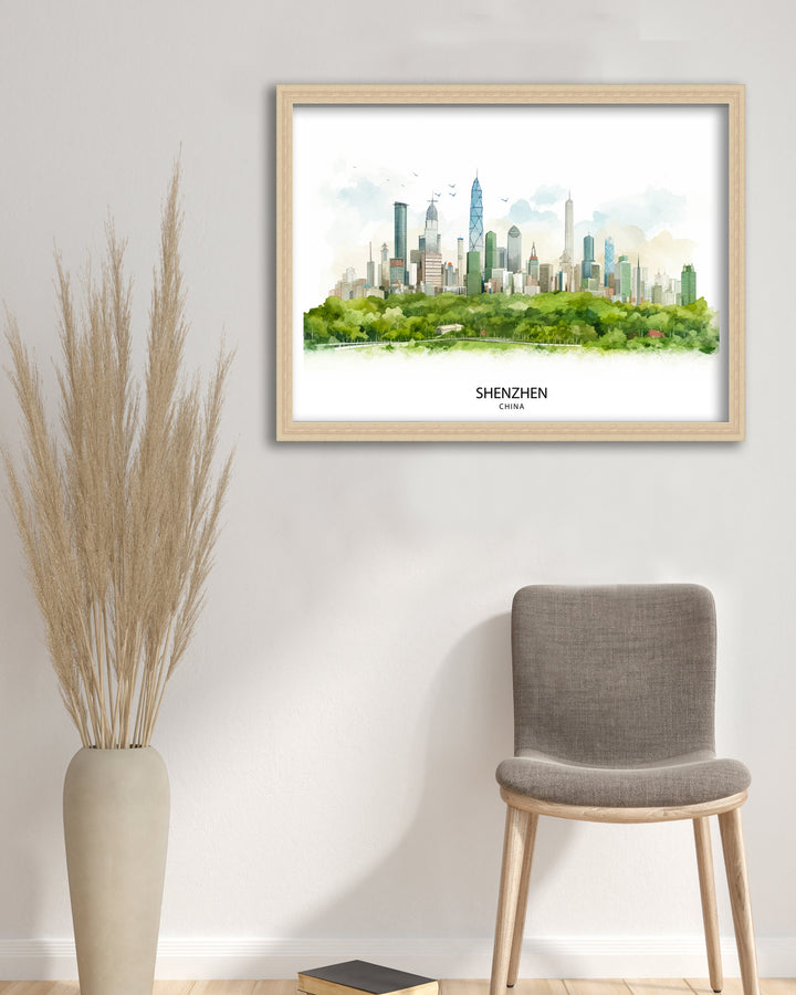 Shenzhen China Print Modern Cityscape Art Futuristic Skyline Poster Chinese Metropolis Wall Decor Urban Landscape Illustration Asian City