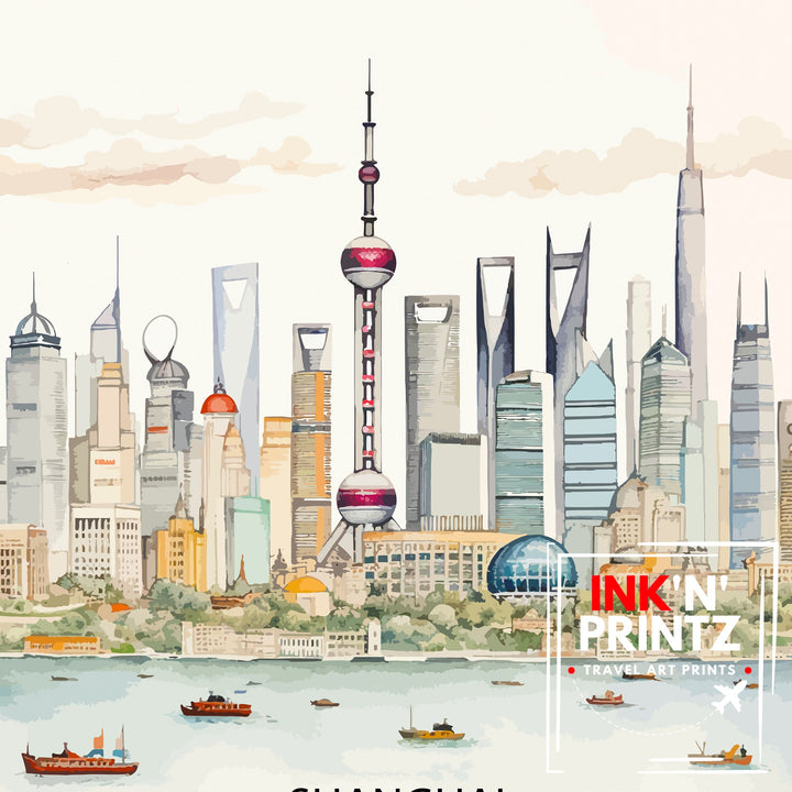 Shanghai Skyline Print Modern Chinese Cityscape Art Shanghai Tower Poster Pudong Skyline Wall Decor China Urban Landscape Illustration