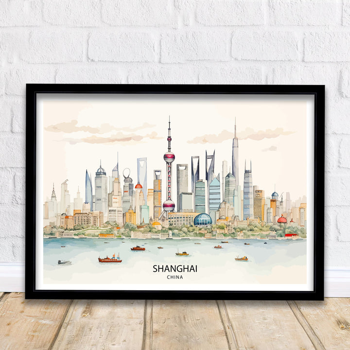 Shanghai Skyline Print Modern Chinese Cityscape Art Shanghai Tower Poster Pudong Skyline Wall Decor China Urban Landscape Illustration