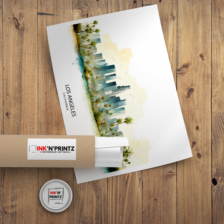 Los Angeles Skyline Print| Iconic Cityscape Art LA Downtown Poster California Urban Decor Hollywood Sign Wall Illustration American