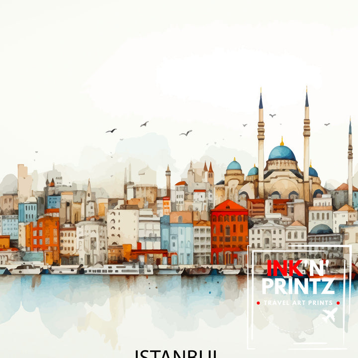 Istanbul Turkey Skyline Print Historic Cityscape Art Bosphorus View Poster Turkish Urban Decor Iconic Landmarks Wall Illustration Cultural