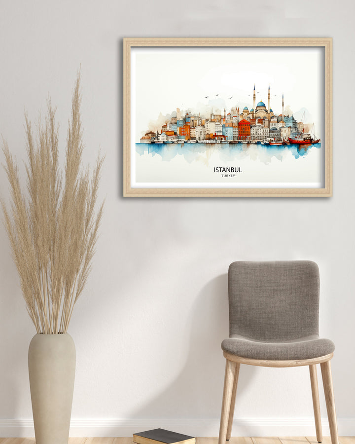 Istanbul Turkey Skyline Print Historic Cityscape Art Bosphorus View Poster Turkish Urban Decor Iconic Landmarks Wall Illustration Cultural