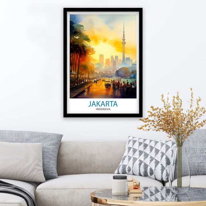 Jakarta Indonesia Skyline Print Vibrant Cityscape Art Jakarta Urban Poster Indonesian Capital Wall Decor Southeast Asia City Illustration