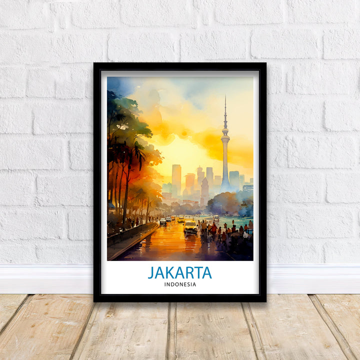 Jakarta Indonesia Skyline Print Vibrant Cityscape Art Jakarta Urban Poster Indonesian Capital Wall Decor Southeast Asia City Illustration