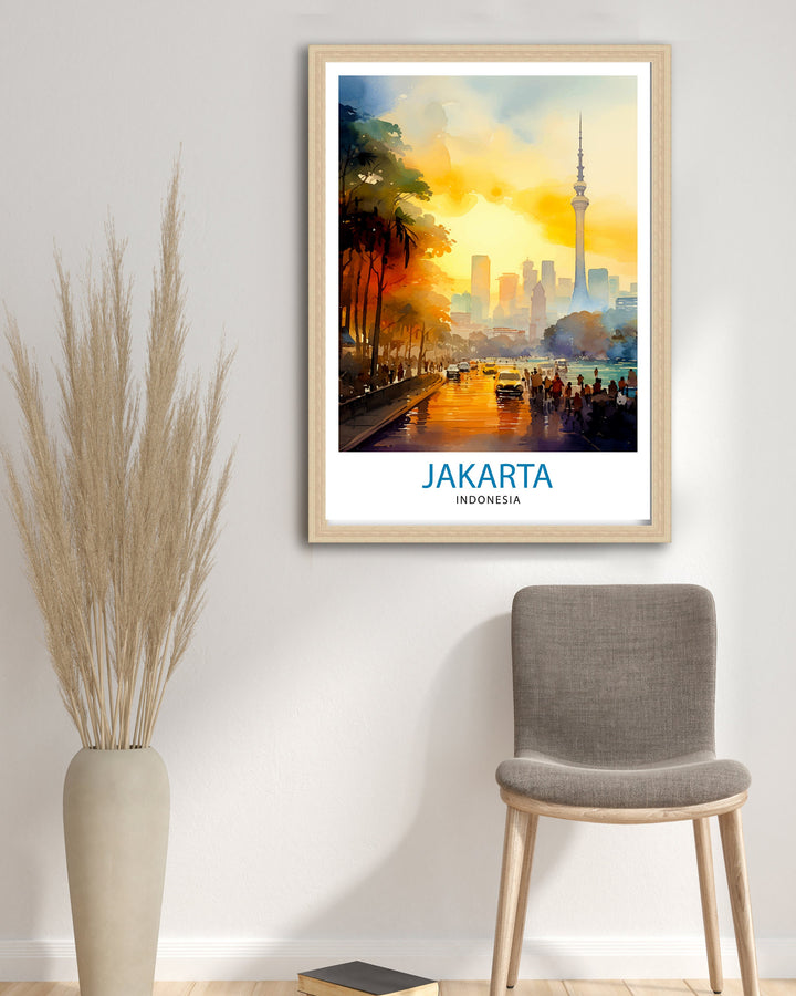 Jakarta Indonesia Skyline Print Vibrant Cityscape Art Jakarta Urban Poster Indonesian Capital Wall Decor Southeast Asia City Illustration