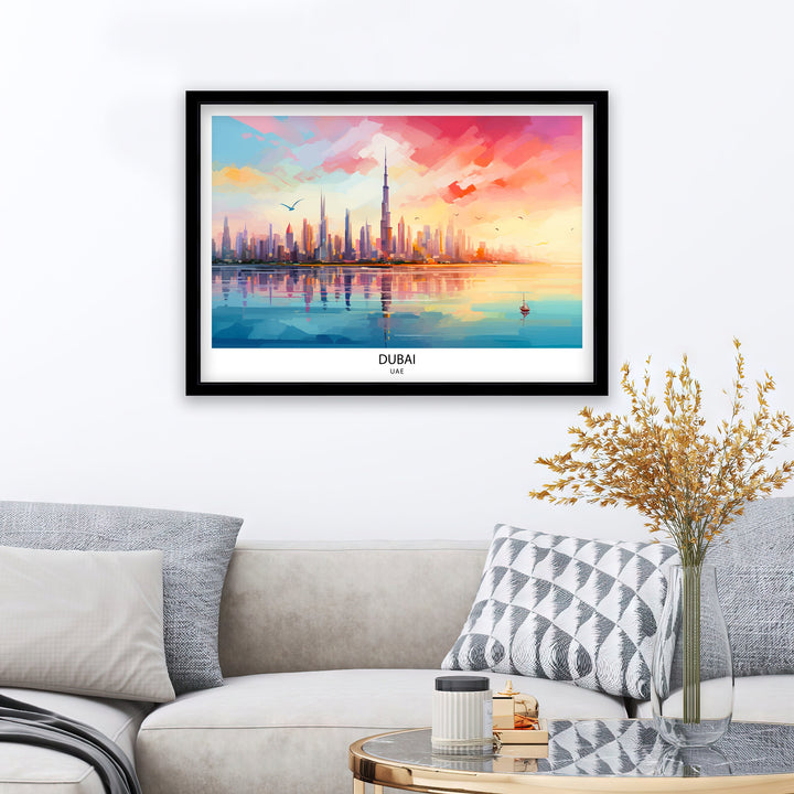 Dubai UAE Print Modern Cityscape Art Dubai Skyline Poster Burj Khalifa Wall Decor United Arab Emirates Illustration Luxury Urban Landscape