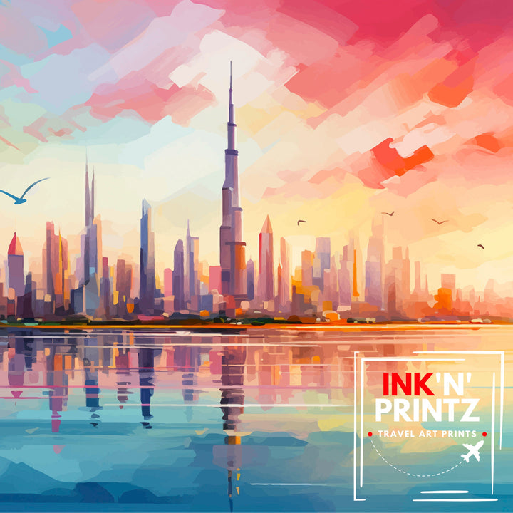 Dubai UAE Print Modern Cityscape Art Dubai Skyline Poster Burj Khalifa Wall Decor United Arab Emirates Illustration Luxury Urban Landscape
