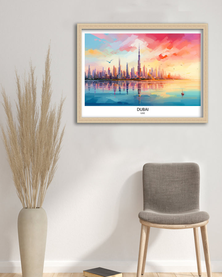 Dubai UAE Print Modern Cityscape Art Dubai Skyline Poster Burj Khalifa Wall Decor United Arab Emirates Illustration Luxury Urban Landscape