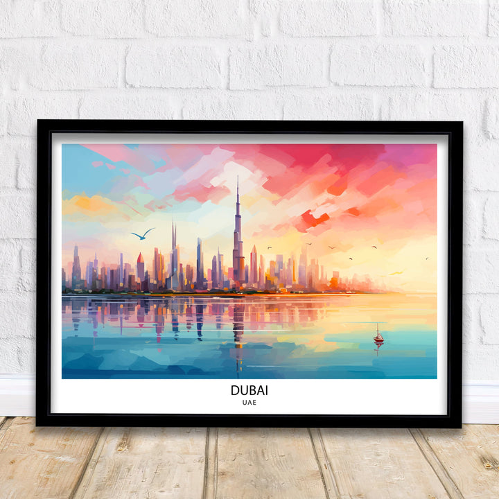 Dubai UAE Print Modern Cityscape Art Dubai Skyline Poster Burj Khalifa Wall Decor United Arab Emirates Illustration Luxury Urban Landscape