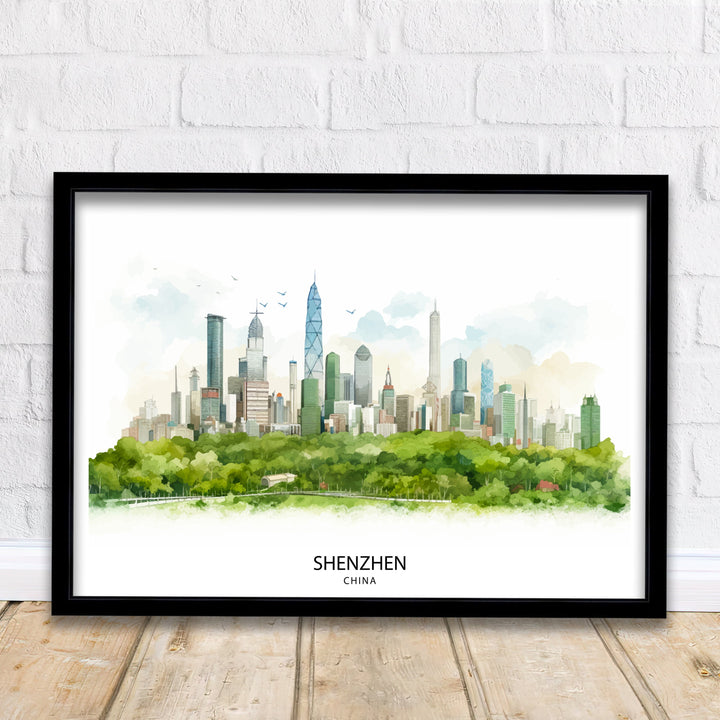 Shenzhen China Print Modern Cityscape Art Futuristic Skyline Poster Chinese Metropolis Wall Decor Urban Landscape Illustration Asian City