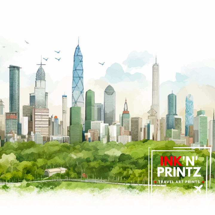 Shenzhen China Print Modern Cityscape Art Futuristic Skyline Poster Chinese Metropolis Wall Decor Urban Landscape Illustration Asian City