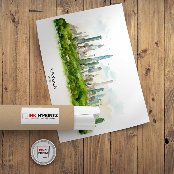 Shenzhen China Print Modern Cityscape Art Futuristic Skyline Poster Chinese Metropolis Wall Decor Urban Landscape Illustration Asian City