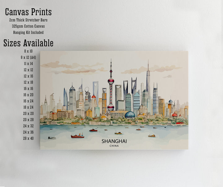 Shanghai Skyline Print Modern Chinese Cityscape Art Shanghai Tower Poster Pudong Skyline Wall Decor China Urban Landscape Illustration