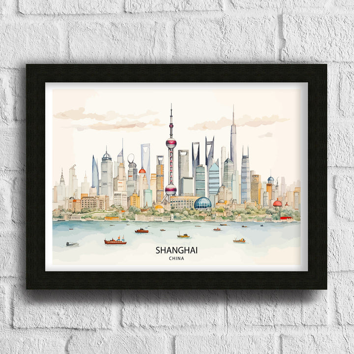 Shanghai Skyline Print Modern Chinese Cityscape Art Shanghai Tower Poster Pudong Skyline Wall Decor China Urban Landscape Illustration