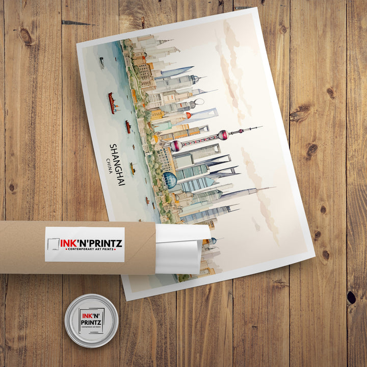 Shanghai Skyline Print Modern Chinese Cityscape Art Shanghai Tower Poster Pudong Skyline Wall Decor China Urban Landscape Illustration