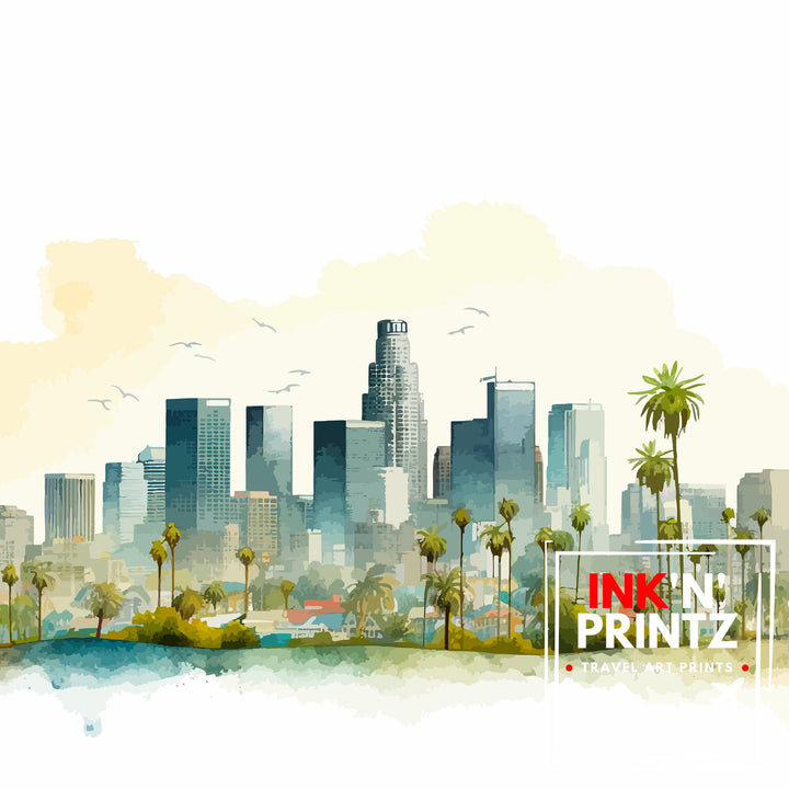 Los Angeles Skyline Print| Iconic Cityscape Art LA Downtown Poster California Urban Decor Hollywood Sign Wall Illustration American