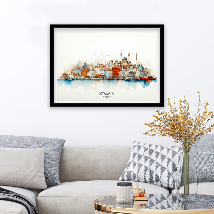 Istanbul Turkey Skyline Print Historic Cityscape Art Bosphorus View Poster Turkish Urban Decor Iconic Landmarks Wall Illustration Cultural