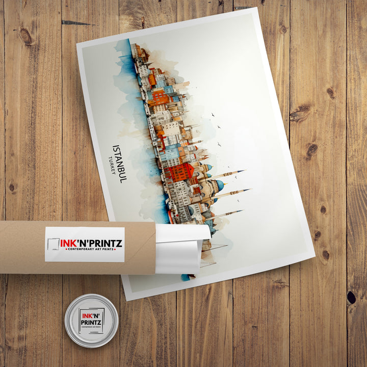 Istanbul Turkey Skyline Print Historic Cityscape Art Bosphorus View Poster Turkish Urban Decor Iconic Landmarks Wall Illustration Cultural