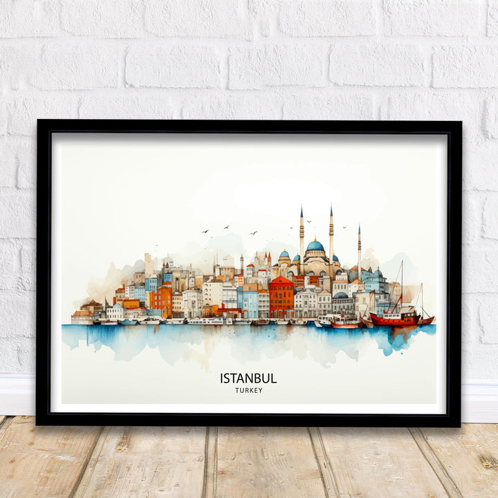 Istanbul Turkey Skyline Print Historic Cityscape Art Bosphorus View Poster Turkish Urban Decor Iconic Landmarks Wall Illustration Cultural