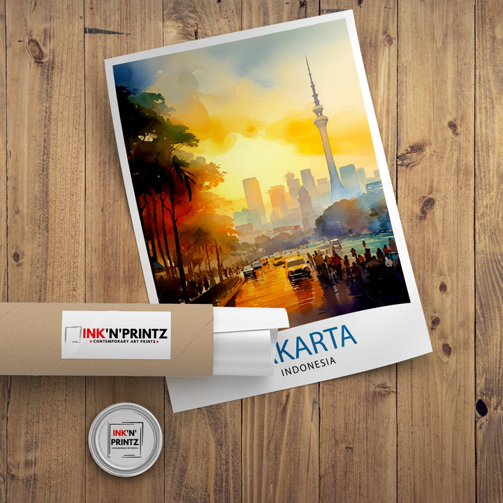 Jakarta Indonesia Skyline Print Vibrant Cityscape Art Jakarta Urban Poster Indonesian Capital Wall Decor Southeast Asia City Illustration