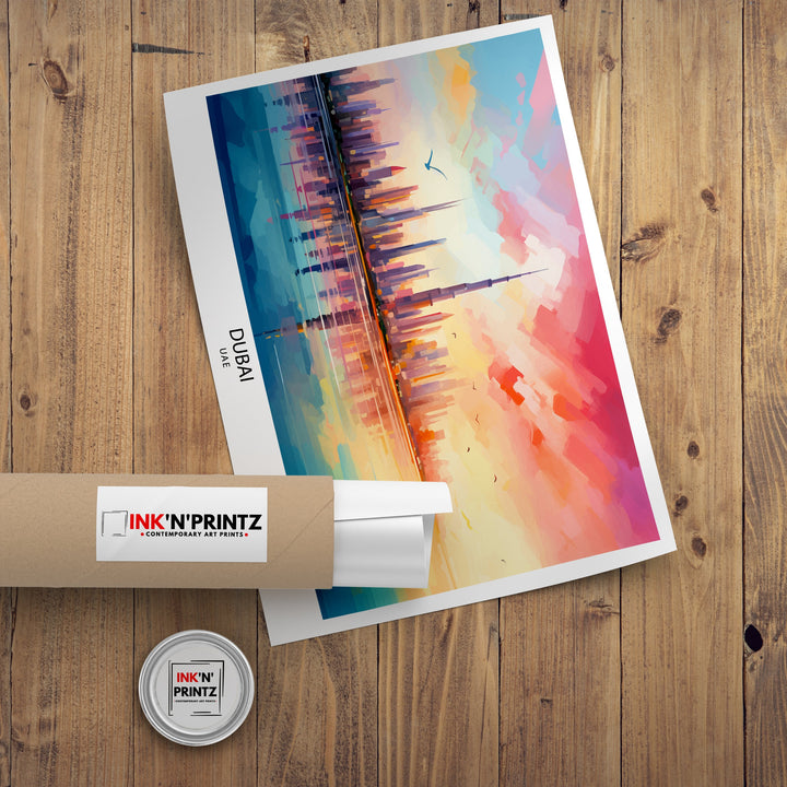 Dubai UAE Print Modern Cityscape Art Dubai Skyline Poster Burj Khalifa Wall Decor United Arab Emirates Illustration Luxury Urban Landscape