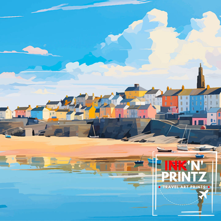 Bude Cornwall Print Coastal Town Art Cornish Seaside Poster Bude Beach Wall Decor North Cornwall Landscape English Beach Town Illustration
