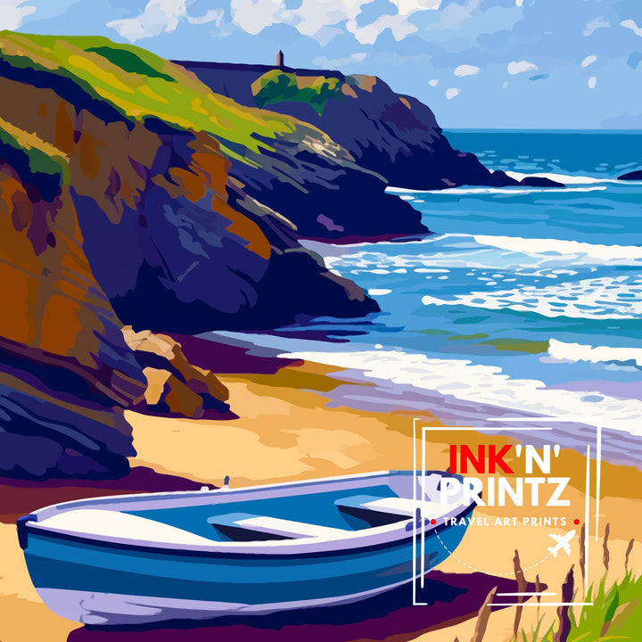 Bude Cornwall Print Coastal Town Art Cornish Seaside Poster Bude Beach Wall Decor North Cornwall Landscape English Beach Town Illustration