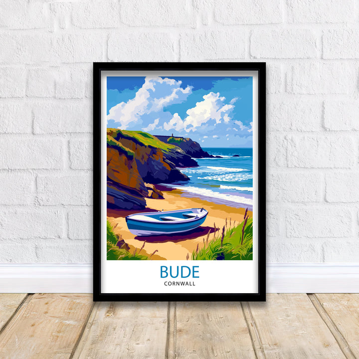 Bude Cornwall Print Coastal Town Art Cornish Seaside Poster Bude Beach Wall Decor North Cornwall Landscape English Beach Town Illustration