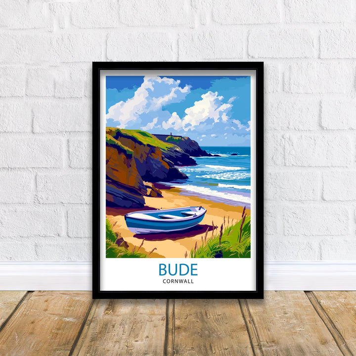 Bude Cornwall Print Coastal Town Art Cornish Seaside Poster Bude Beach Wall Decor North Cornwall Landscape English Beach Town Illustration