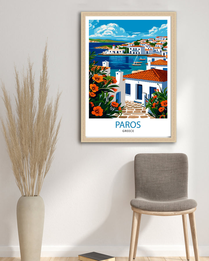 Paros Greece Print Greek Island Art Cyclades Seascape Poster Paros Beach Wall Decor Aegean Sea Illustration Mediterranean Travel Artwork