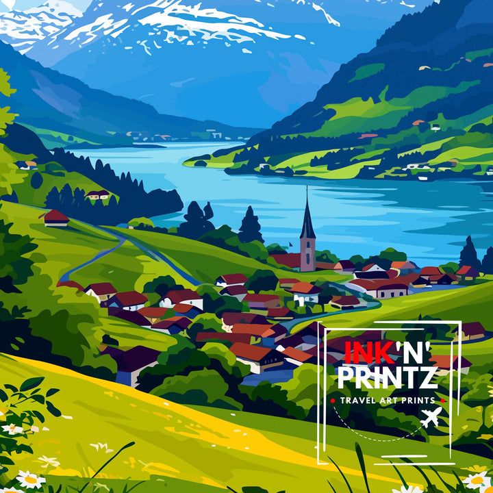 Rigi Switzerland Print Swiss Mountain Art Lake Lucerne View Poster Alpine Landscape Decor Rigi Kulm Summit Illustration Hiking Adventure