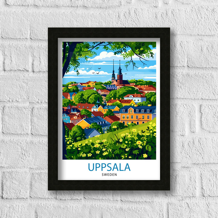 Uppsala Sweden Print Historic University City Art Swedish Cultural Center Poster Fyris River Wall Decor Nordic Architecture Illustration