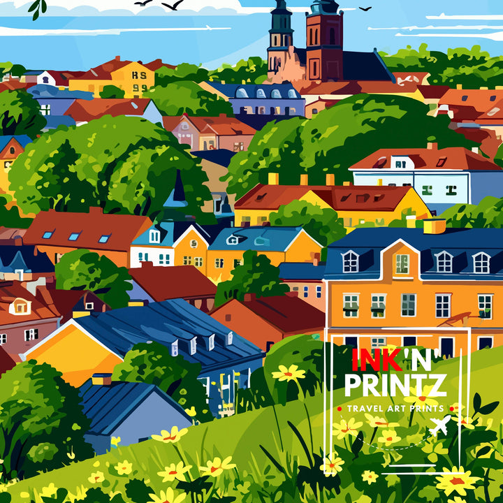 Uppsala Sweden Print Historic University City Art Swedish Cultural Center Poster Fyris River Wall Decor Nordic Architecture Illustration