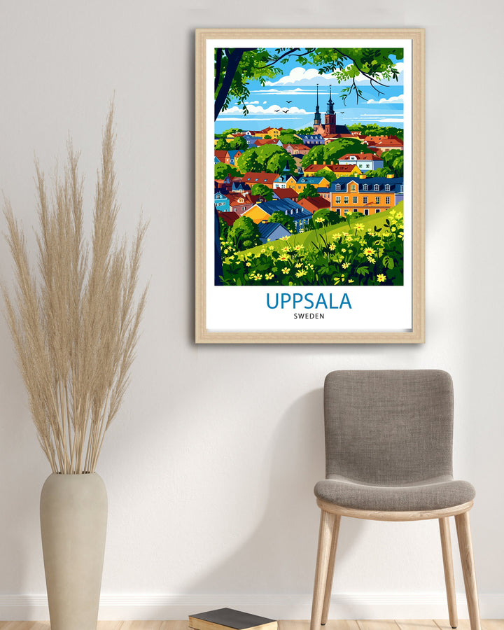 Uppsala Sweden Print Historic University City Art Swedish Cultural Center Poster Fyris River Wall Decor Nordic Architecture Illustration