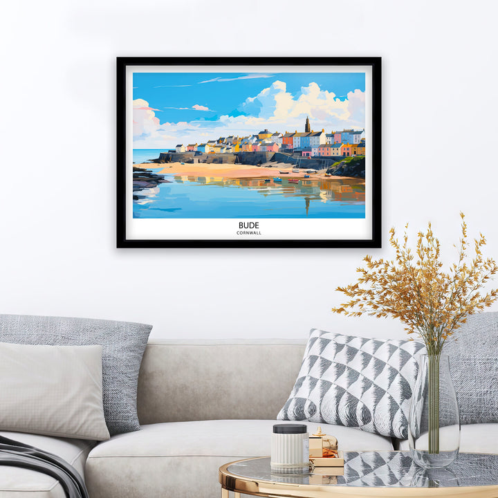Bude Cornwall Print Coastal Town Art Cornish Seaside Poster Bude Beach Wall Decor North Cornwall Landscape English Beach Town Illustration