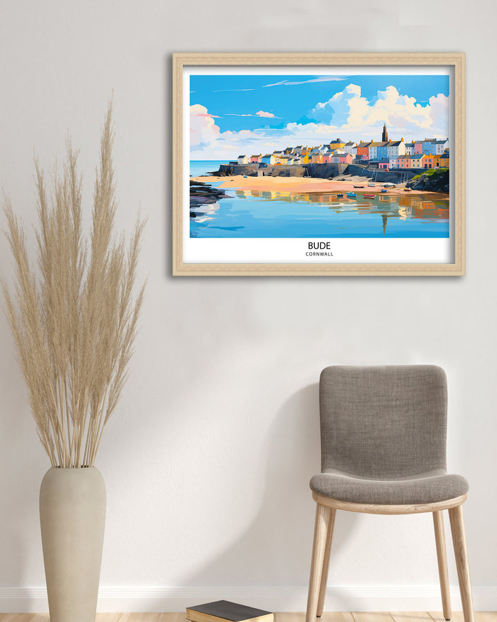 Bude Cornwall Print Coastal Town Art Cornish Seaside Poster Bude Beach Wall Decor North Cornwall Landscape English Beach Town Illustration