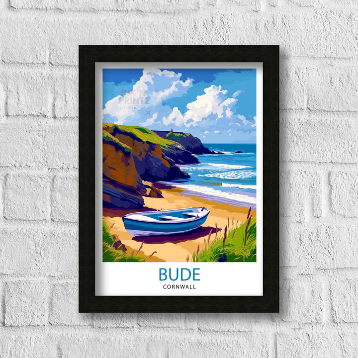 Bude Cornwall Print Coastal Town Art Cornish Seaside Poster Bude Beach Wall Decor North Cornwall Landscape English Beach Town Illustration