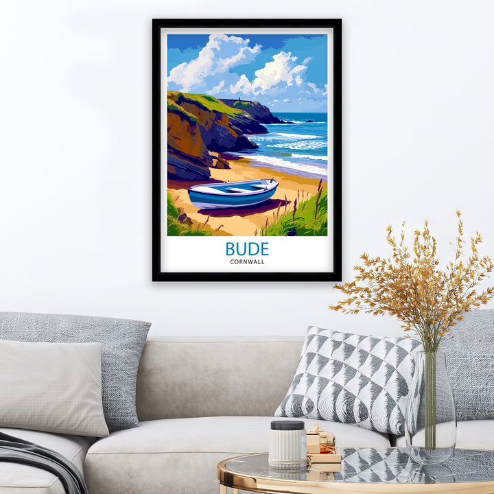 Bude Cornwall Print Coastal Town Art Cornish Seaside Poster Bude Beach Wall Decor North Cornwall Landscape English Beach Town Illustration