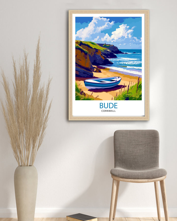 Bude Cornwall Print Coastal Town Art Cornish Seaside Poster Bude Beach Wall Decor North Cornwall Landscape English Beach Town Illustration