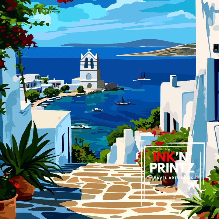 Paros Greece Print Greek Island Art Cyclades Seascape Poster Paros Beach Wall Decor Aegean Sea Illustration Mediterranean Travel Artwork