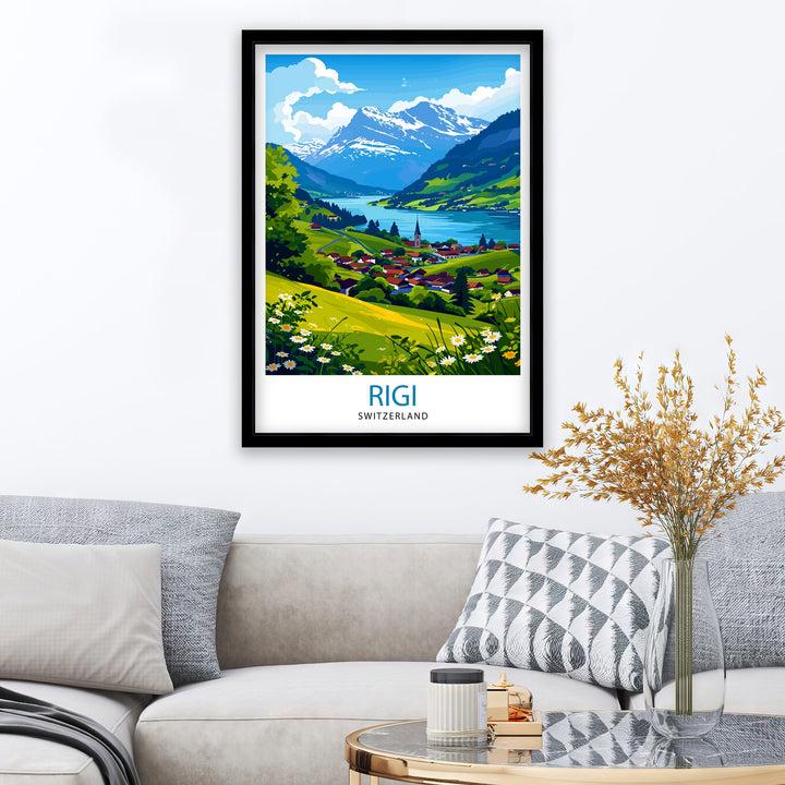 Rigi Switzerland Print Swiss Mountain Art Lake Lucerne View Poster Alpine Landscape Decor Rigi Kulm Summit Illustration Hiking Adventure