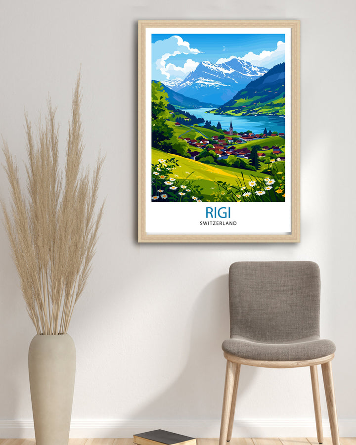 Rigi Switzerland Print Swiss Mountain Art Lake Lucerne View Poster Alpine Landscape Decor Rigi Kulm Summit Illustration Hiking Adventure