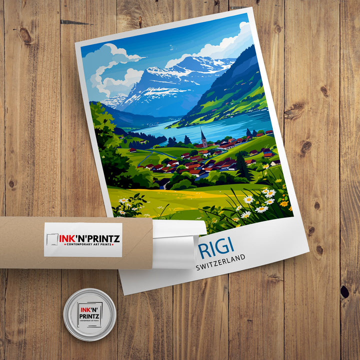 Rigi Switzerland Print Swiss Mountain Art Lake Lucerne View Poster Alpine Landscape Decor Rigi Kulm Summit Illustration Hiking Adventure