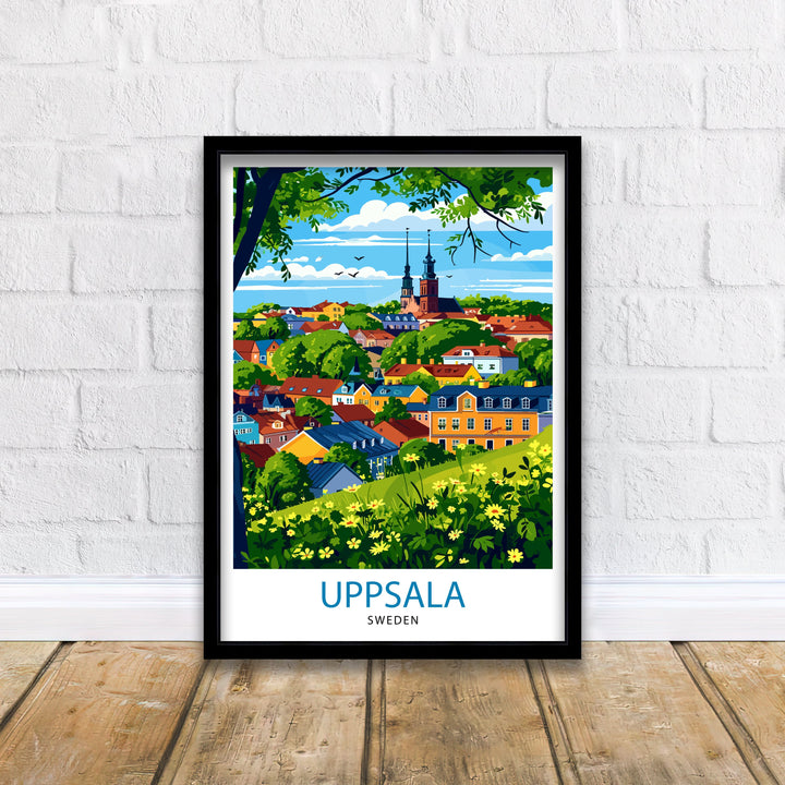 Uppsala Sweden Print Historic University City Art Swedish Cultural Center Poster Fyris River Wall Decor Nordic Architecture Illustration