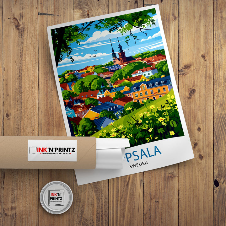 Uppsala Sweden Print Historic University City Art Swedish Cultural Center Poster Fyris River Wall Decor Nordic Architecture Illustration