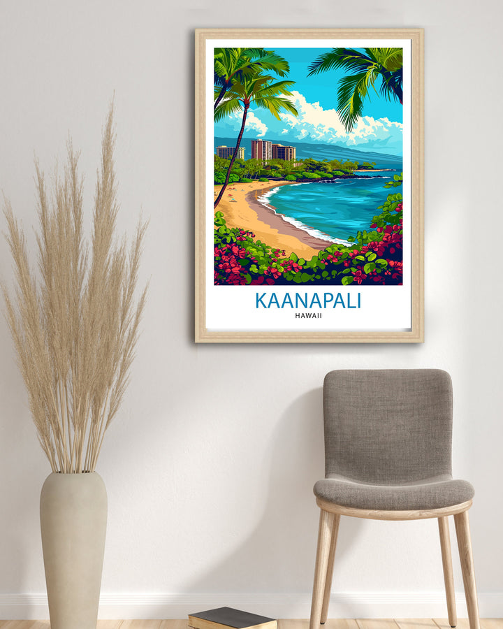 Kaanapali Beach Travel Poster Hawaii Wall Art Maui Island Decor Kaanapali Beach Illustration Travel Poster Gift Beach House Decor