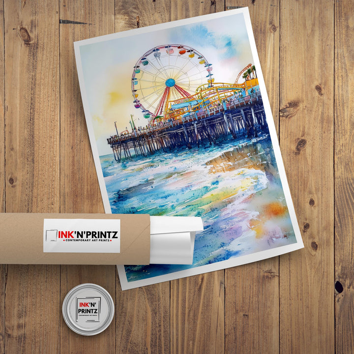 Santa Monica Pier Watercolor Travel Poster