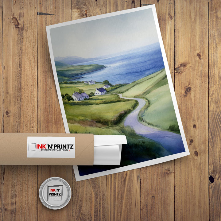 Wild Atlantic Way Watercolor Poster, Ireland Landscape Painting, Coastal Irish Art, Scenic Drive