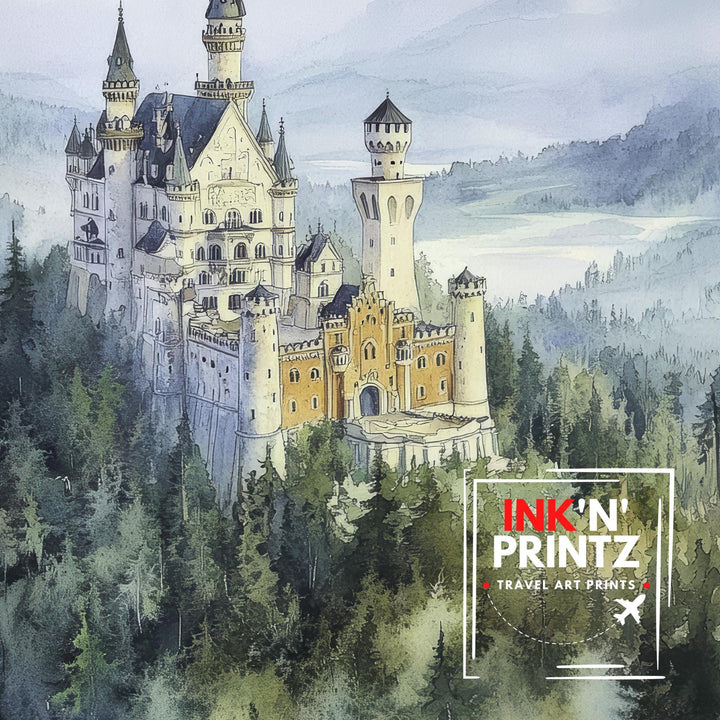 Bavarian Poster, Germany Landscape Painting, Mountain Scenery, Nature Art,