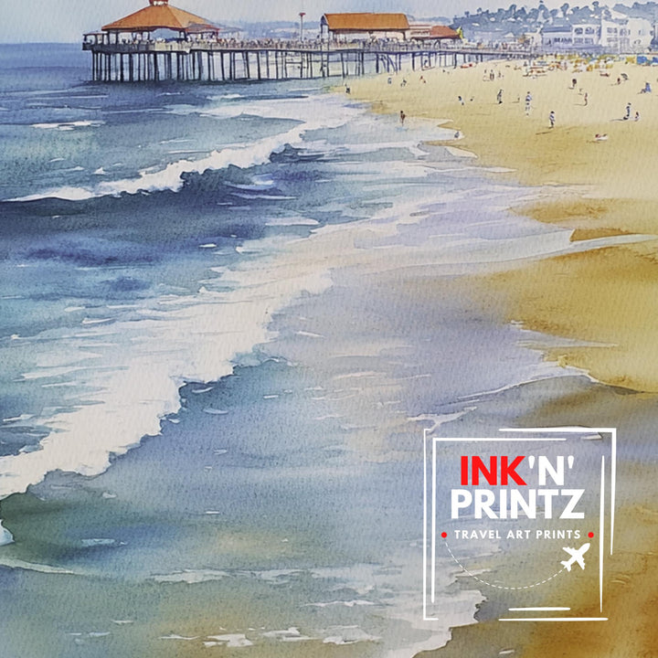 Huntington Beach Watercolor Painting California Beach Art Huntington Beach Poster Watercolor Coastal Landscape Surf Art Scenic Beach Decor